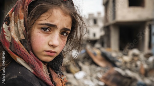 Despondent teenage girl gazes into the camera amidst the ruins of a bombed building highlighting the devastating impact of conflict on humanity and the significant loss it incurs photo