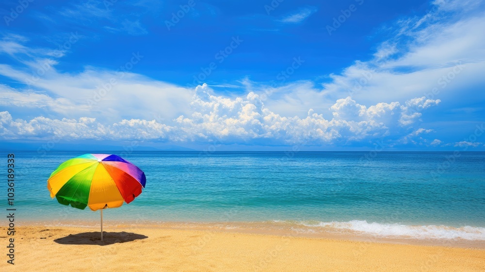 A vibrant beach umbrella rests on the sandy shoreline overlooking a calm ocean beneath a clear blue sky A vibrant beach umbrella rests on the sandy shoreline overlooking a calm ocean beneath a clear blue sky