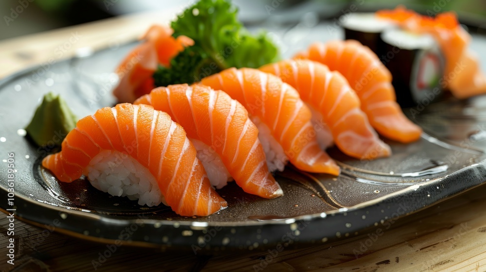 Beautifully arranged sushi assortment including eel nigiri and fresh sashimi on a modern black plate against a white backdrop Beautifully arranged sushi assortment including eel nigiri and fresh sashimi on a modern black plate against a white backdrop