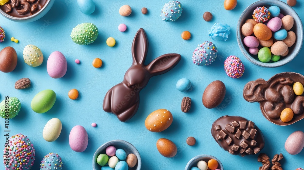 Easter treats featuring chocolate bunny colorful eggs and candies set against a soft blue backdrop Perfect for holiday celebrations or promotional materials Flat lay perspective Easter treats featuring chocolate bunny colorful eggs and candies set against a soft blue backdrop Perfect for holiday celebrations or promotional materials Flat lay perspective