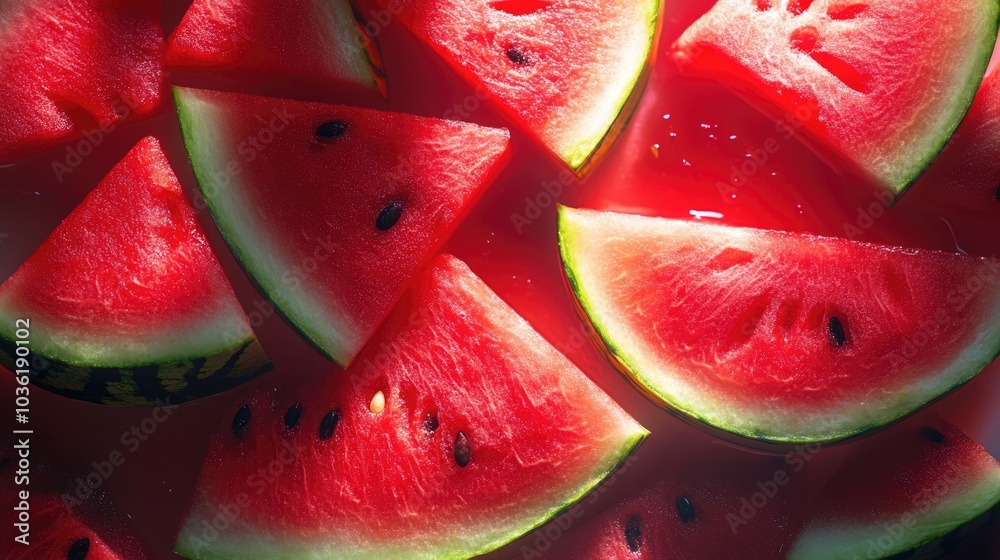 Juicy red watermelon slices with vibrant green rind on a bright background ideal for summer concepts Juicy red watermelon slices with vibrant green rind on a bright background ideal for summer concepts
