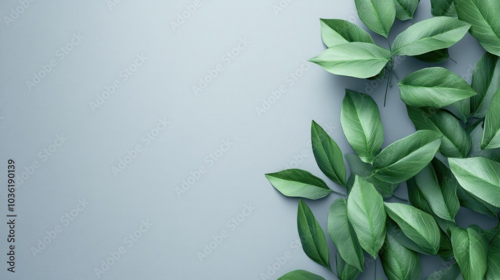 Fototapeta premium Green leaves on a gray background featuring a banner with space for text