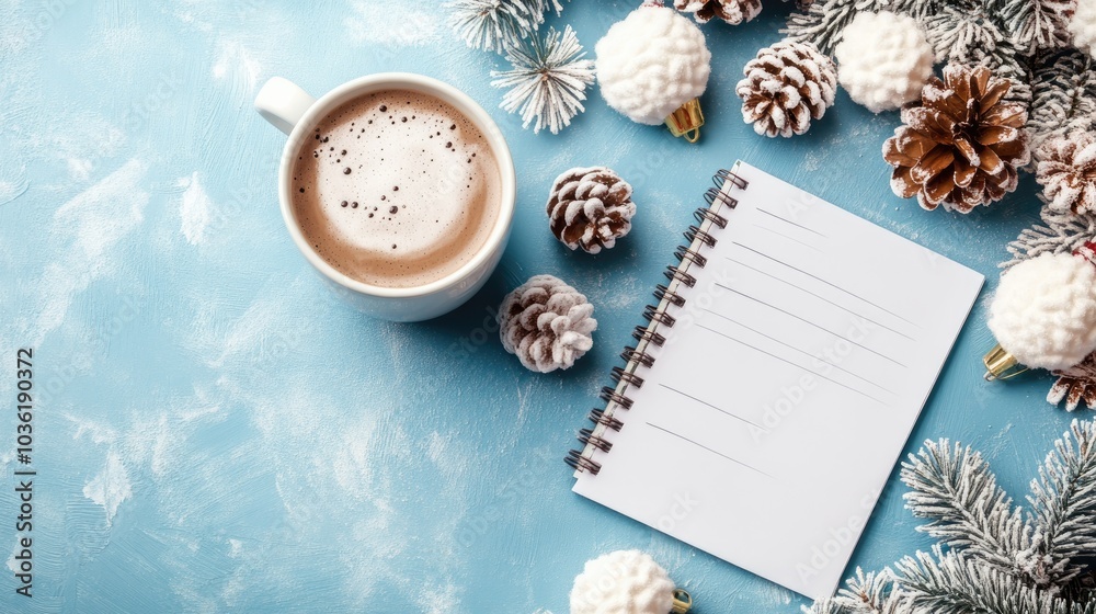Hot cocoa festive decorations and a notepad with a to do list arranged on a vintage blue table perfect for holiday planning and mockup Flat lay composition Hot cocoa festive decorations and a notepad with a to do list arranged on a vintage blue table perfect for holiday planning and mockup Flat lay composition