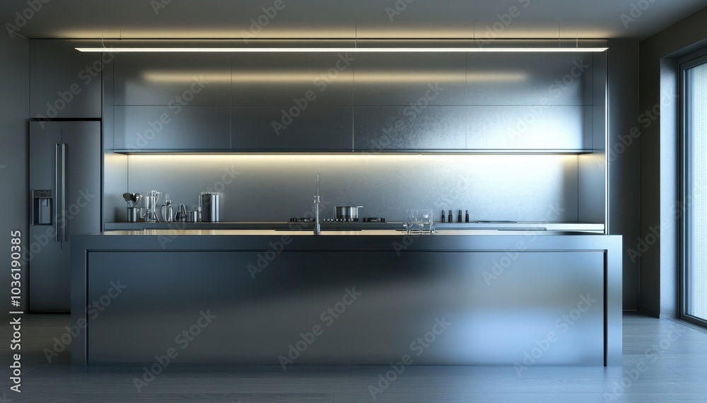 Modern minimalist kitchen with sleek design and ambient lighting in a spacious home Modern minimalist kitchen with sleek design and ambient lighting in a spacious home