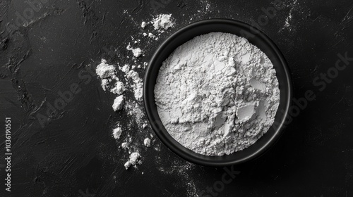 White cosmetic grade kaolin clay powder for face masks and spa treatments presented in black and white tones Vertical image