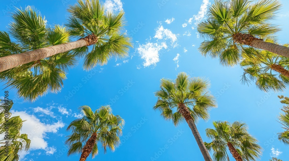 View of palm trees from below set against a bright blue sky on a sunny day showcasing a vibrant tropical nature scene View of palm trees from below set against a bright blue sky on a sunny day showcasing a vibrant tropical nature scene