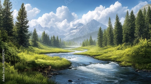 Scenic view of a river flowing through a grassy landscape adorned with coniferous trees High quality image