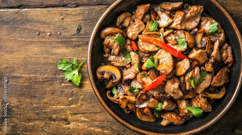 Stir fried mushrooms with pork on a rustic wooden surface showcasing a delicious Thai dish Stir fried mushrooms with pork on a rustic wooden surface showcasing a delicious Thai dish