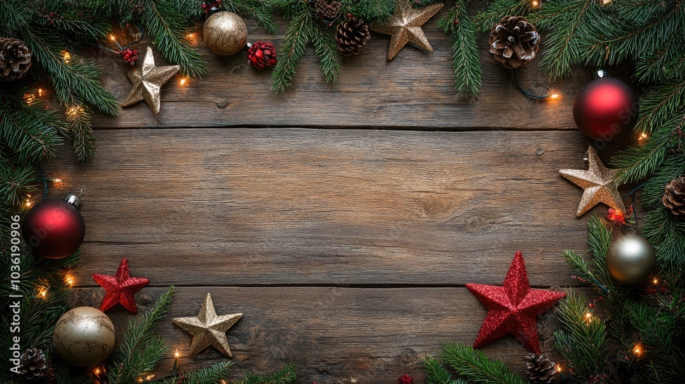 Festive Christmas and Advent backdrop featuring a corner border of ornaments fir branches stars pine cones and bokeh lights against a rustic wood surface Festive Christmas and Advent backdrop featuring a corner border of ornaments fir branches stars pine cones and bokeh lights against a rustic wood surface