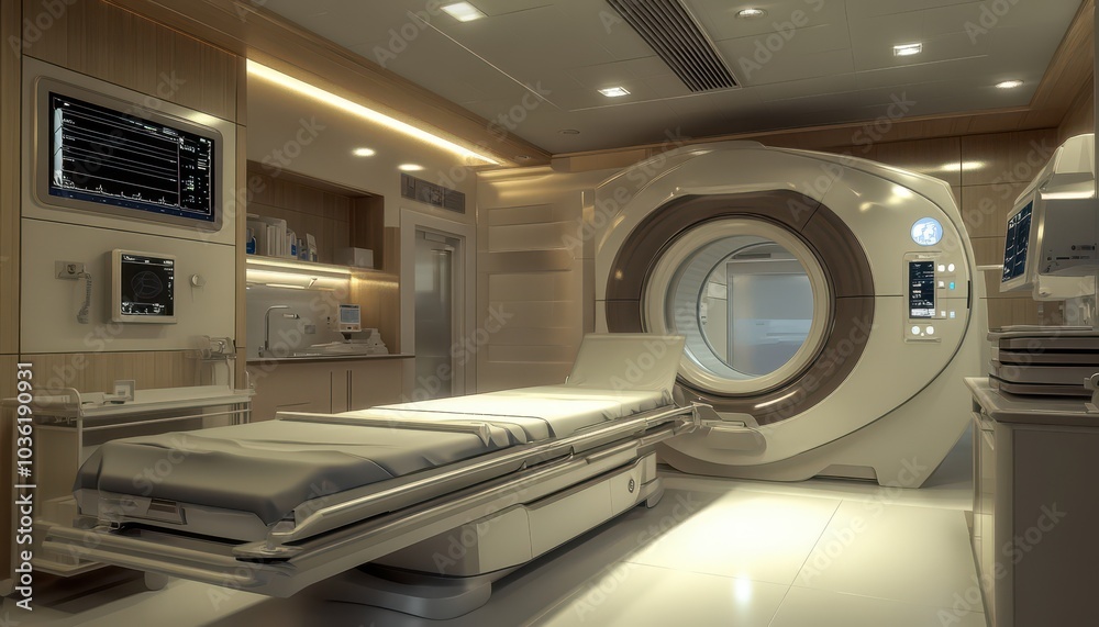 Modern hospital room featuring advanced CT scan machine and patient bed Modern hospital room featuring advanced CT scan machine and patient bed
