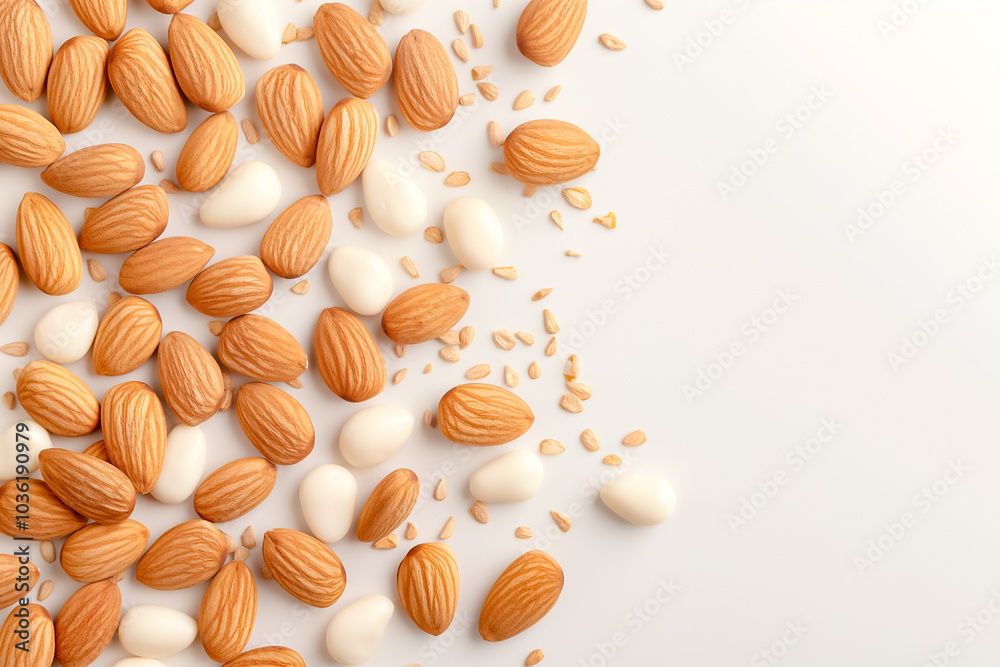 A variety of almonds, both natural and coated, are elegantly scattered across a smooth, light surface, creating a visually appealing pattern rich in textures A variety of almonds, both natural and coated, are elegantly scattered across a smooth, light surface, creating a visually appealing pattern rich in textures