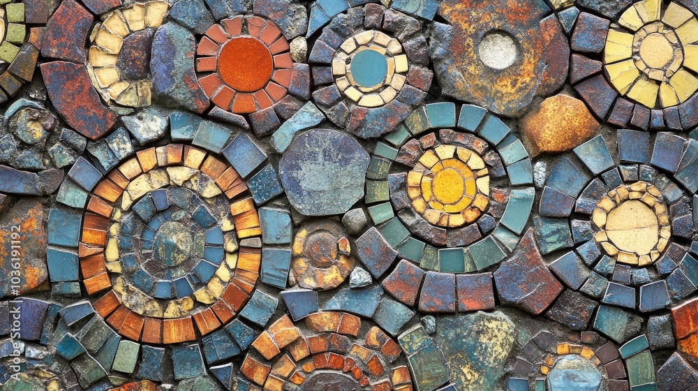 Mosaic composed of circular pieces created from shattered ceramic tiles on a wall surface Mosaic composed of circular pieces created from shattered ceramic tiles on a wall surface