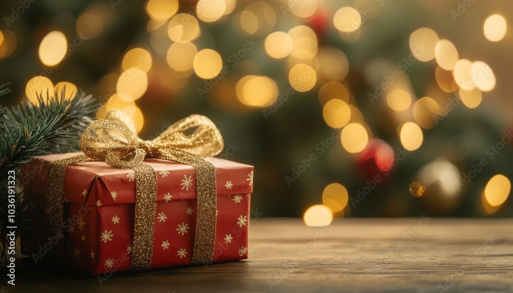 A beautifully wrapped Christmas gift with golden bow beside a festive tree A beautifully wrapped Christmas gift with golden bow beside a festive tree