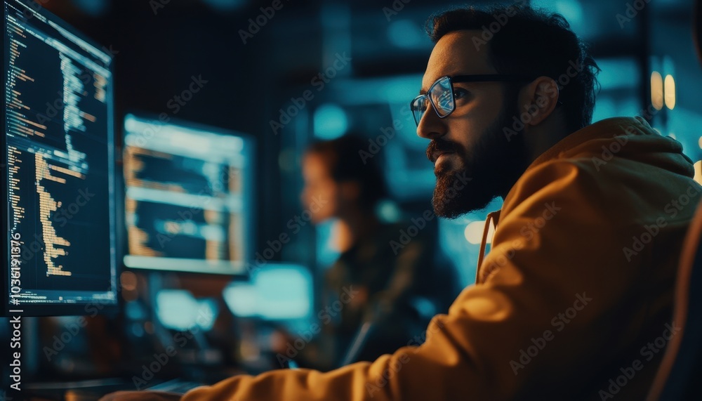 Focused programmer working late at night in a tech hub, surrounded by monitors Focused programmer working late at night in a tech hub, surrounded by monitors