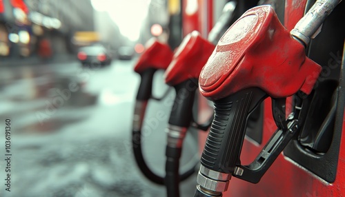 Gasoline pumps on a rainy street with blurred cars behind