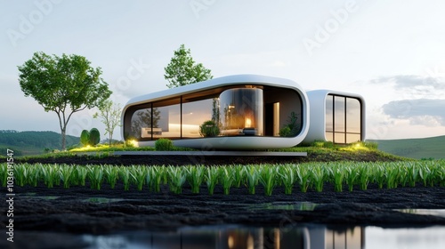 Modern House Amidst Lush Biofuel Crops at Sunset