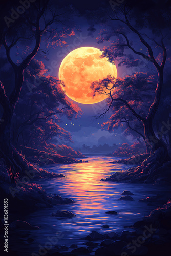 Mysterious enchanting landscape, river illuminated by moonlight on full moon. Mysterious trees grow along riverbank, mystical atmosphere. Vertical banner or background, Halloween or enigmatic themes photo