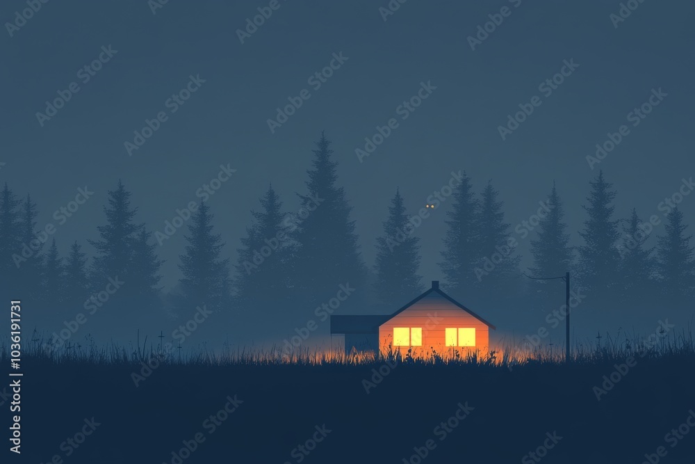 Cozy cabin nestled in a dark forest under a glowing moon blending warmth and mystery in a peaceful nighttime autumn scene with soft ambient light Cozy cabin nestled in a dark forest under a glowing moon blending warmth and mystery in a peaceful nighttime autumn scene with soft ambient light