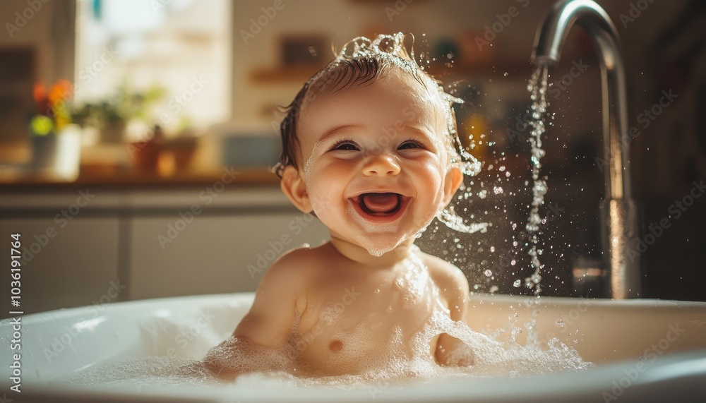 Joyful baby plays in a warm bath surrounded by bubbles and sunlight indoors Joyful baby plays in a warm bath surrounded by bubbles and sunlight indoors