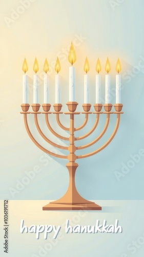 Elegant menorah with lit candles on light background celebrating hanukkah festivities
