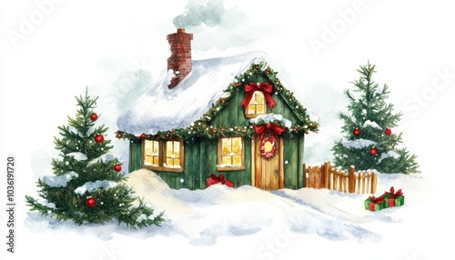 Charming winter cabin decorated for Christmas with snow and festive trees