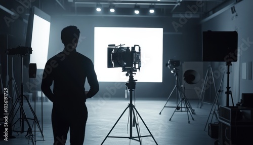 A filmmaker prepares for a shoot in a dimly lit studio at dusk