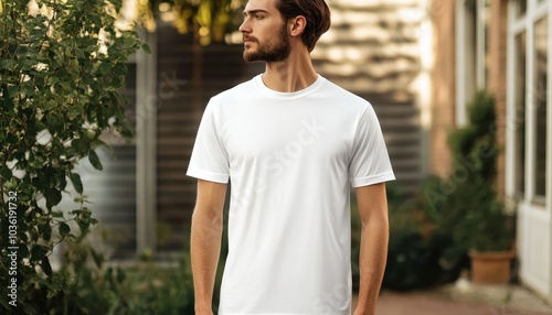 A young man in a plain white t-shirt stands outdoors in the afternoon sunlight