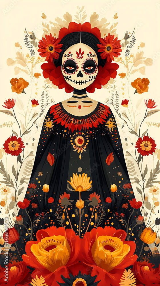 Fototapeta premium Mexican woman with elaborate sugar skull makeup for Day of Dead celebration, Calavera Catrina, Dia de los muertos, Halloween, traditional Mexican Santa Muerte. Vertical banner, poster, copy space