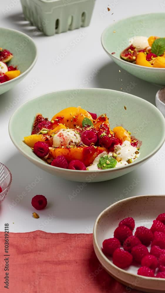 Colorful fruit salad with ice cream in ceramic bowls Colorful fruit salad with ice cream in ceramic bowls