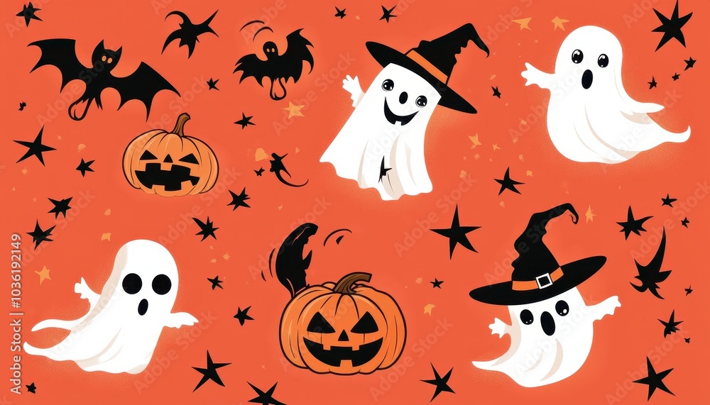 Halloween décor with ghosts, pumpkins, and bats on an orange backdrop Halloween décor with ghosts, pumpkins, and bats on an orange backdrop