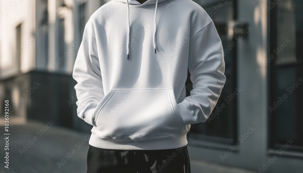 Casual street portrait of a person in a white hoodie on a sunny urban day Casual street portrait of a person in a white hoodie on a sunny urban day