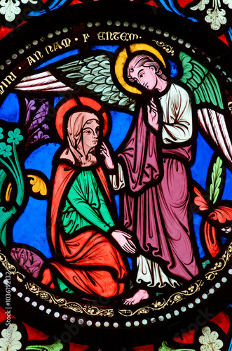 2024-10-15, Sens, FRANCE. Stained glass (16th century) of Annunciation to the Blessed Virgin Mary by the Archangel Gabriel. .