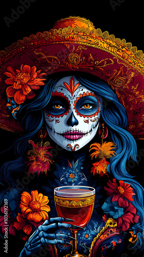 Mexican woman with elaborate sugar skull makeup drinks tequila, for Day of Dead celebration, Calavera Catrina, Dia de los muertos, Halloween, Mexican Santa Muerte. Vertical banner, poster, copy space