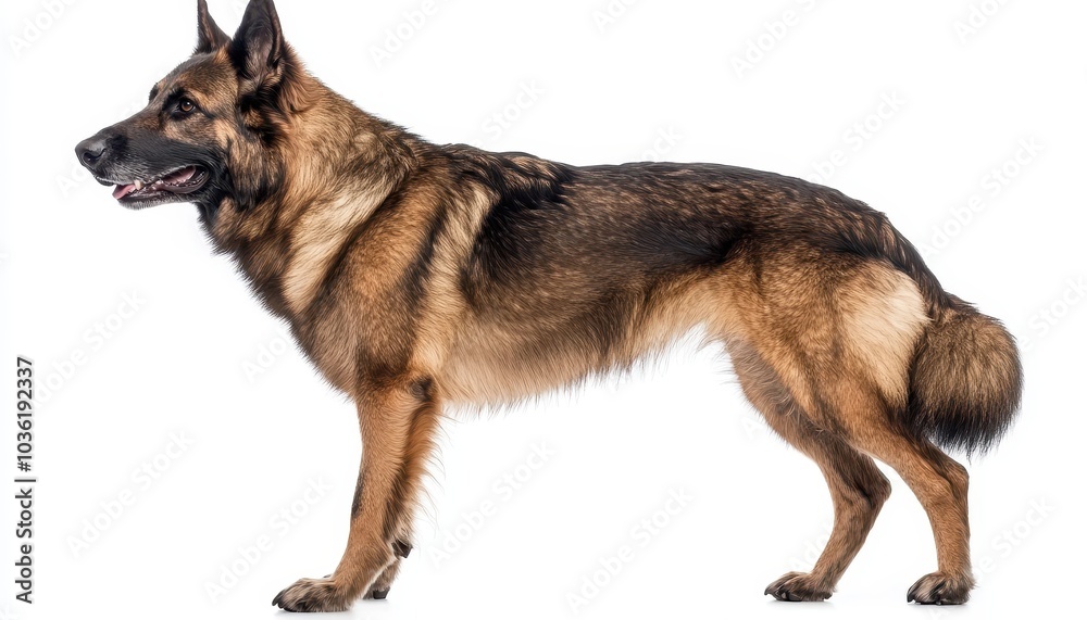 A German Shepherd stands proudly with alert posture against a white backdrop A German Shepherd stands proudly with alert posture against a white backdrop