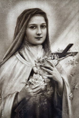2024-10-15, Senan, FRANCE. Ancient devotional image of St. Therese of Lisieux or Thérèse de Lisieux, Carmelite nun and Saint of the Roman Catholic Church.
