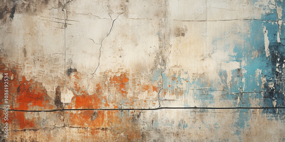 A weathered, cracked concrete wall features patches of peeling paint in faded orange and blue tones. The texture and fractures add character, giving the surface an aged, industrial appearance