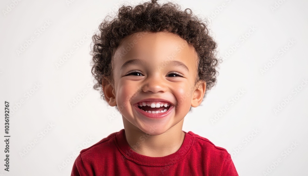 Smiling young child with curly hair wearing a red shirt against a light background Smiling young child with curly hair wearing a red shirt against a light background