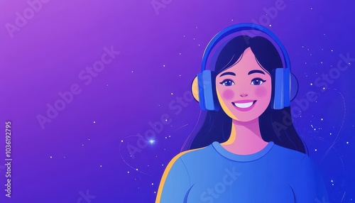 Young woman wearing headphones enjoys music in a colorful digital atmosphere