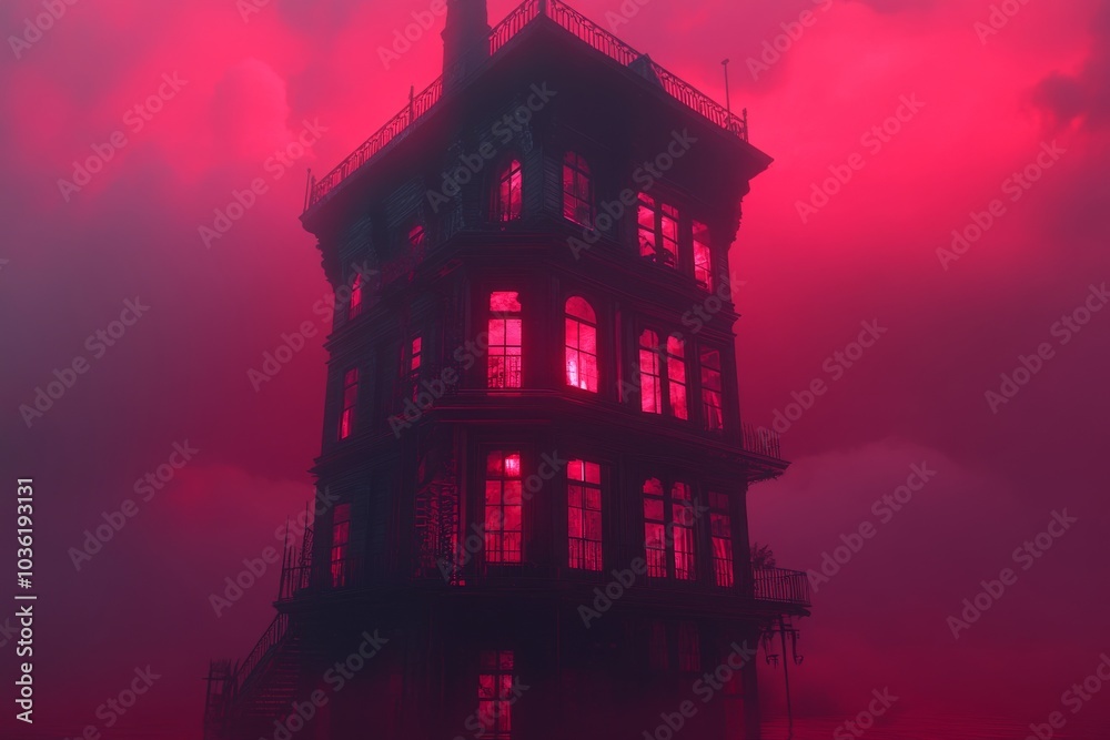 Dramatic red tinted photograph of a towering haunted Victorian mansion under a glowing full moon evoking a spooky Halloween night full of gothic horror Dramatic red tinted photograph of a towering haunted Victorian mansion under a glowing full moon evoking a spooky Halloween night full of gothic horror