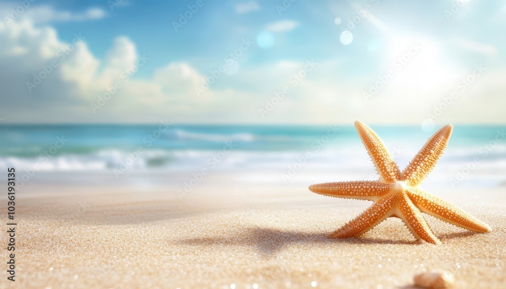 A starfish resting on sandy beach with gentle ocean waves at sunrise A starfish resting on sandy beach with gentle ocean waves at sunrise