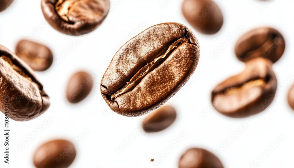 Obraz premium Falling coffee beans create a dynamic composition against a bright background