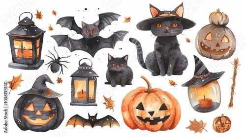 A collection of Halloween stickers featuring pumpkins, bats, and witches. The stickers are arranged in a grid, with some overlapping and others standing alone. Scene is spooky and festive