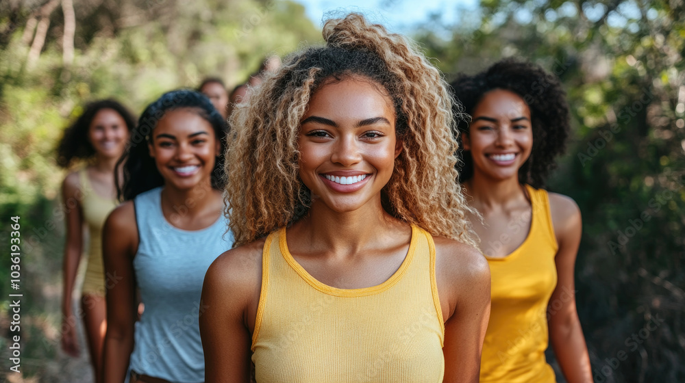 A cheerful group of young women strolls through a forest trail, smiling and enjoying their time in nature on a sunny day A cheerful group of young women strolls through a forest trail, smiling and enjoying their time in nature on a sunny day