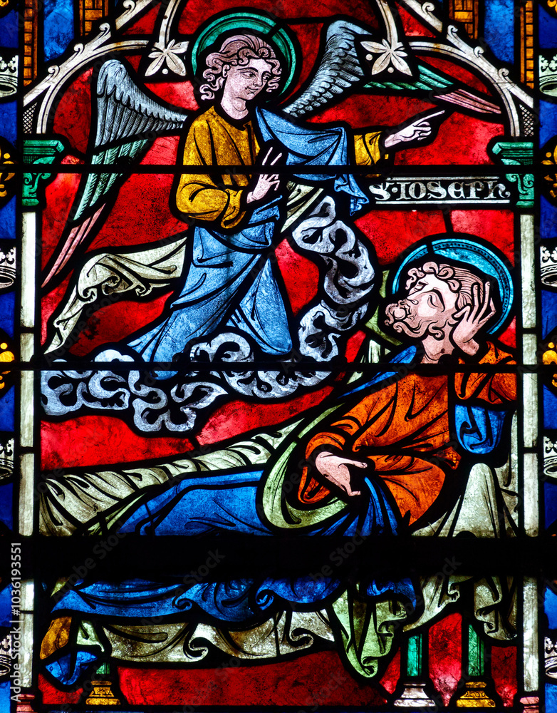 Obraz premium 2024-10-16, Auxerre, FRANCE. Stained glass (17th century) of The dream of Saint Joseph.