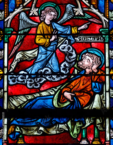 2024-10-16, Auxerre, FRANCE. Stained glass (17th century) of The dream of Saint Joseph.