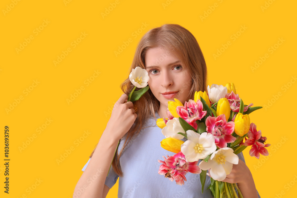 Pretty young woman with beautiful tulips on yellow background Pretty young woman with beautiful tulips on yellow background