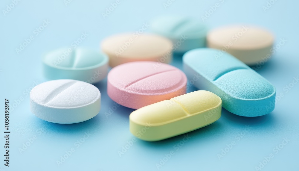 Variety of colorful tablets and capsules arranged on a blue background Variety of colorful tablets and capsules arranged on a blue background