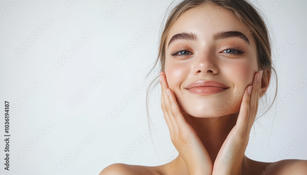 Young woman smiling while gently touching her face against a light background