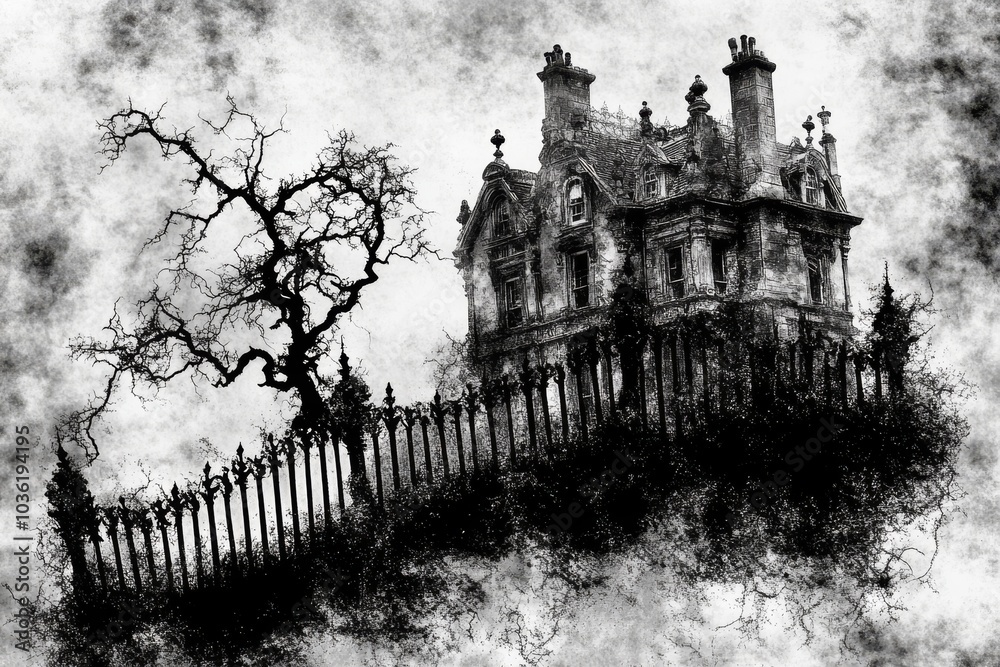 Black and white ink drawing of a haunted Victorian mansion with a gnarled leafless tree blending gothic horror with eerie Halloween mystery Black and white ink drawing of a haunted Victorian mansion with a gnarled leafless tree blending gothic horror with eerie Halloween mystery