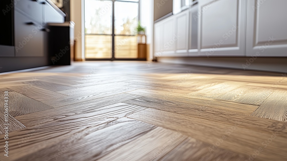Fototapeta premium A kitchen with a window and a wooden floor. The floor is made of wood and has a checkered pattern